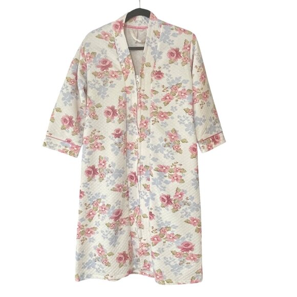 Floral Quilted Zip-Up Robe With Satin Trim & 3/4 Sleeves - Medium G-7-10-100 - Picture 1 of 5
